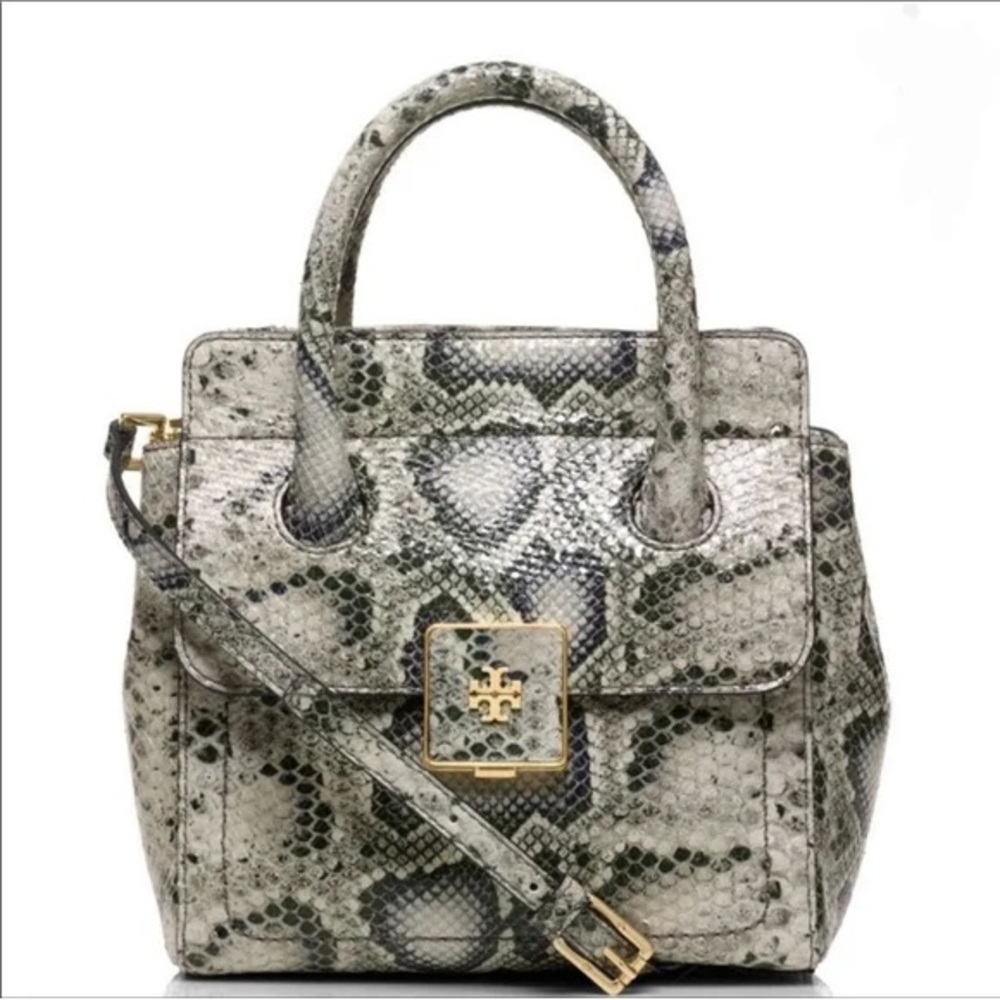 Tory Burch Clara Embossed Small Snake Printed Tote Bag  8.3" H x 8" L x 4.5" D